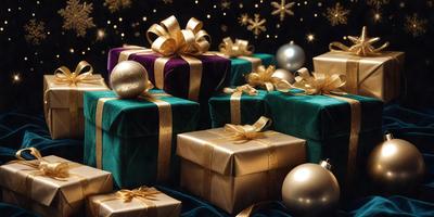 The primary subject of the image is a collection of wrapped presents, which are arranged on a table. The presents are wrapped in gold and purple ribbons, and they are placed next to each other. The setting is indoors, with a table as the main surface. The visual style is a combination of photo and digital art, creating a festive and celebratory atmosphere. The colors and mood of the image are warm and inviting, with the gold and purple ribbons adding a touch of elegance and soph